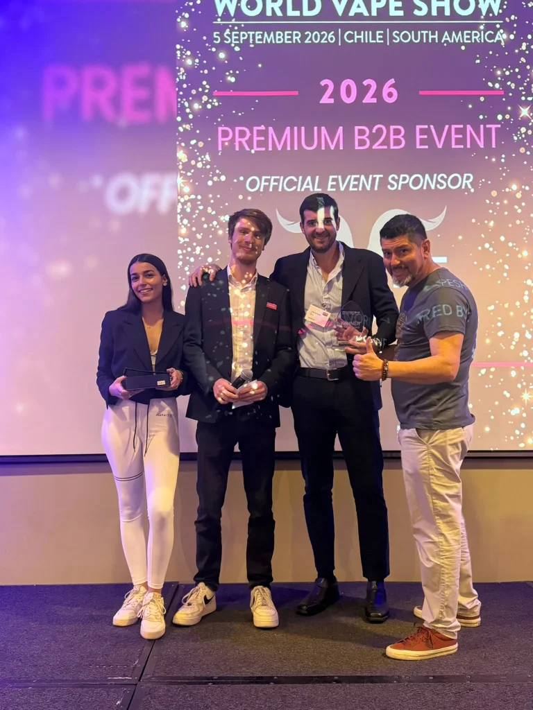 Life Pod team on stage with the award at World Vape Show South America 2026 in Santiago, Chile