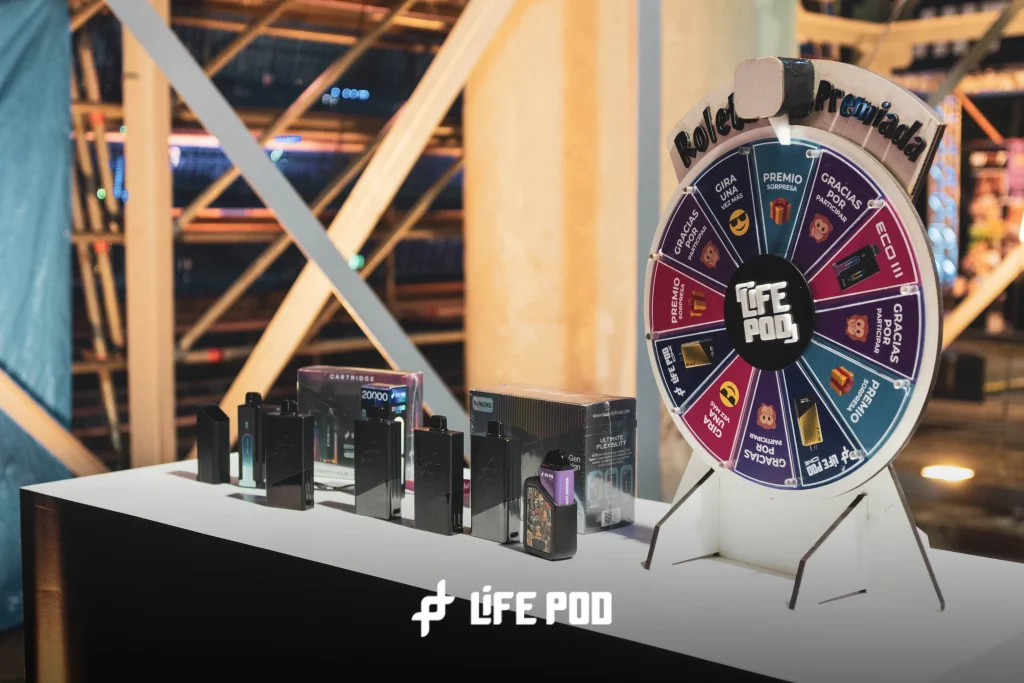 Life Pod stand counter with prize wheel and device display